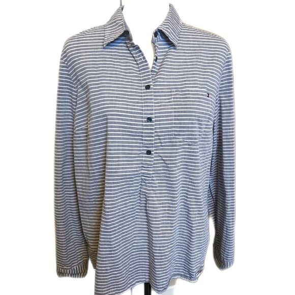 Tommy Hilfiger grey & white striped cotton button up tunic blouse L - Picture 1 of 8